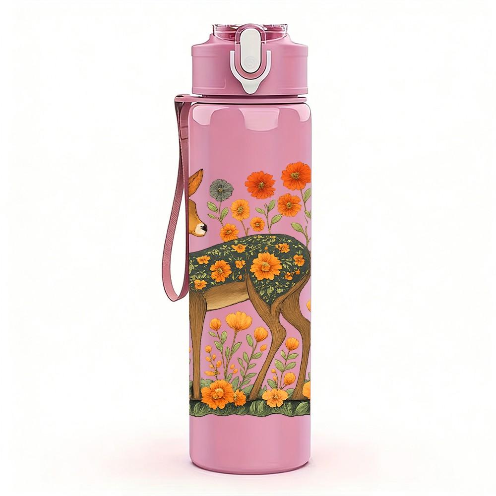 1PC Floral Deer Illustration 750ml Color Plastic Sports Water Bottle Leakproof Flip Straw Lid Suitable for Sports Office Home Use