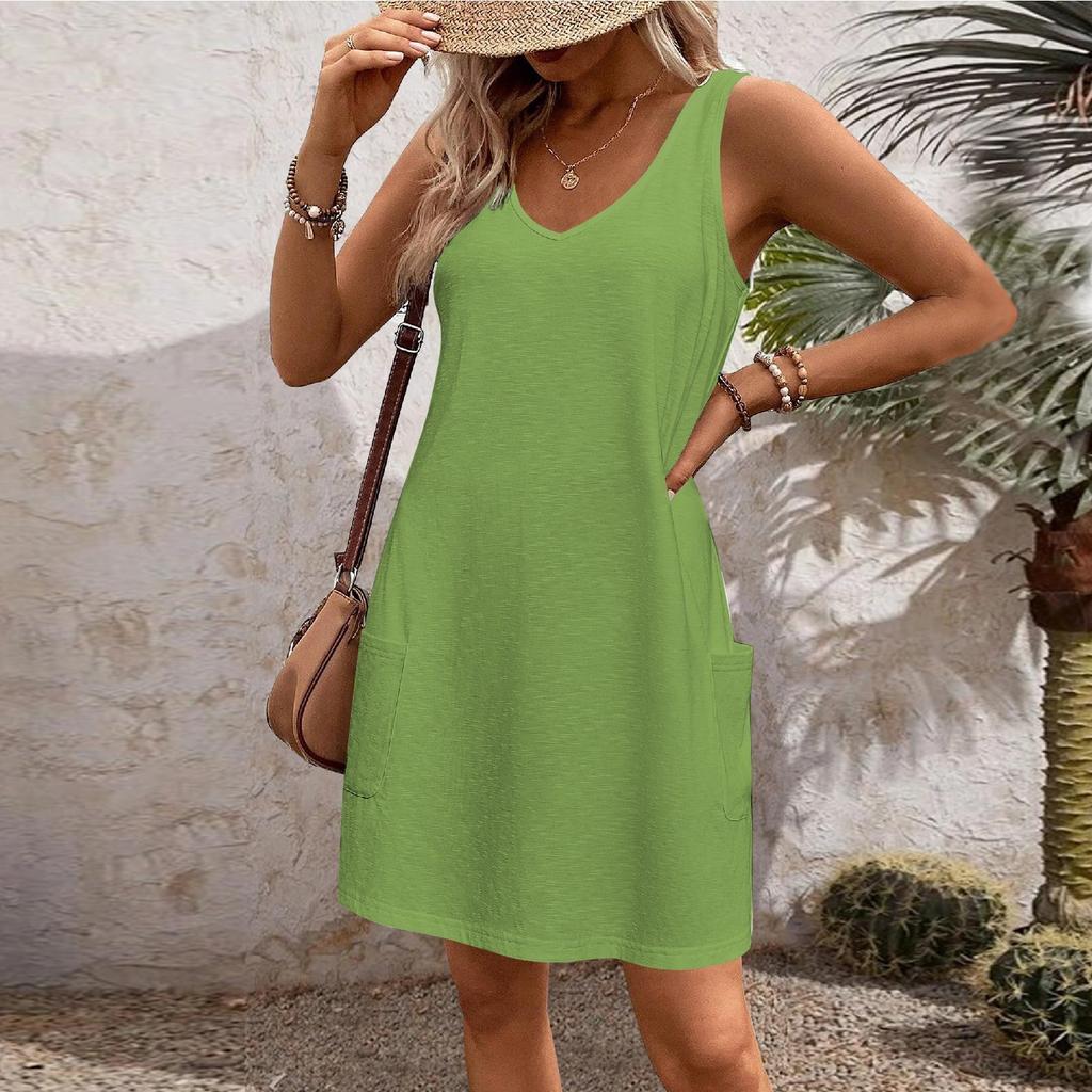 Womens Summer Dresses Plain Loose V Neck Sleeveless Sundresses Swimsuit Coverup with Pockets