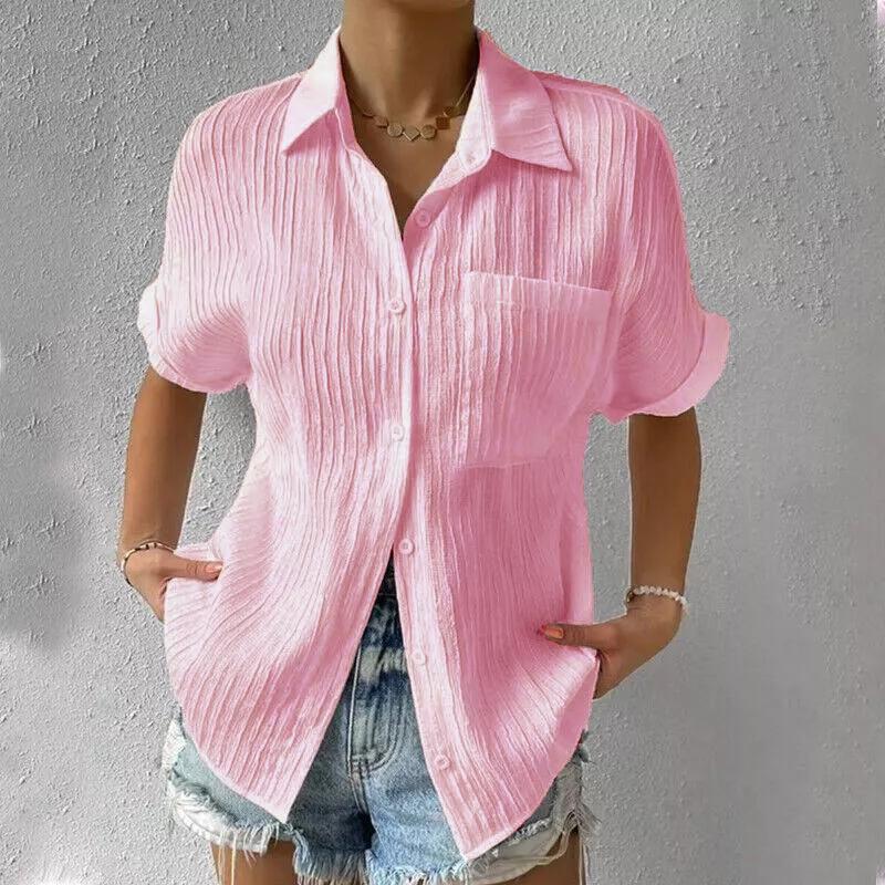 Summer Women's Casual Shirt Solid Color Lapel Button Short Sleeve Tunic Shirt Business Casual Work Shirt Office Femininity Top
