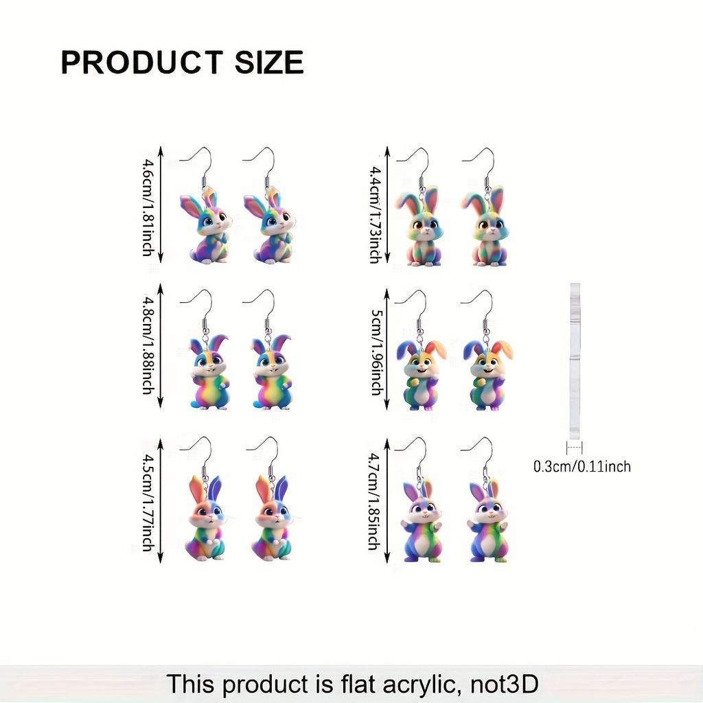 6 пар сережек с рисунком радужного кролика