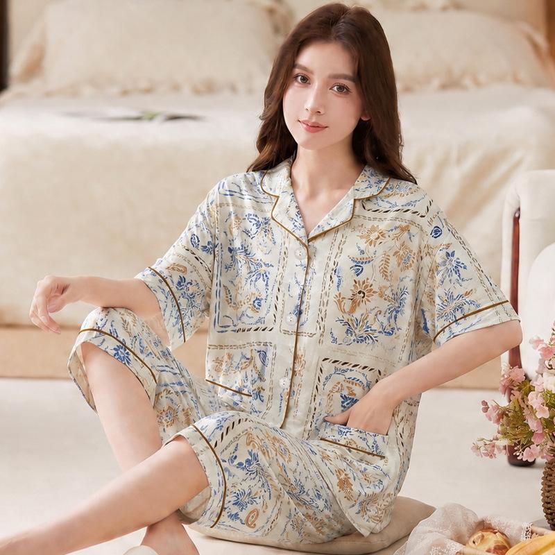 ins peach pajamas women's summer new imitation cotton short-sleeved cropped pants middle-aged mother's loungewear