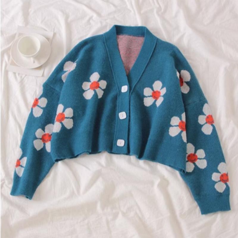 Flower Print Knitted Cardigan Jacket Women Loose V-neck Autumn Single Breasted Cardigans Sweater Winter Tops Long Sleeve Vintage Crop Knitwears 24928
