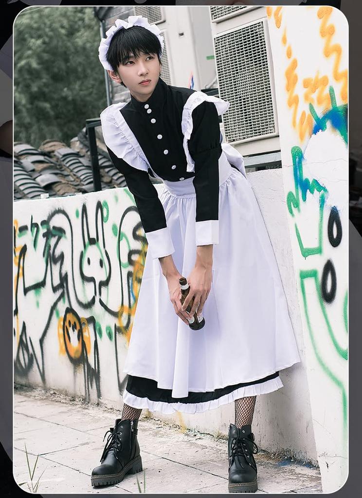 Dress Maid Cosplay Long Sleeve Long Maid Clothes Black [Lady Lazy] Women's Men's (2XL)