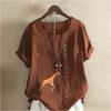 Women's Fashion Round Neck Short Sleeve T-shirt Casual Cotton Linen Graphic Shirt Giraffe Prined Summer Blouse Tops