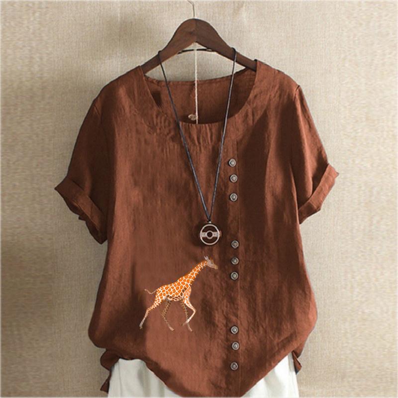 Women's Fashion Round Neck Short Sleeve T-shirt Casual Cotton Linen Graphic Shirt Giraffe Prined Summer Blouse Tops
