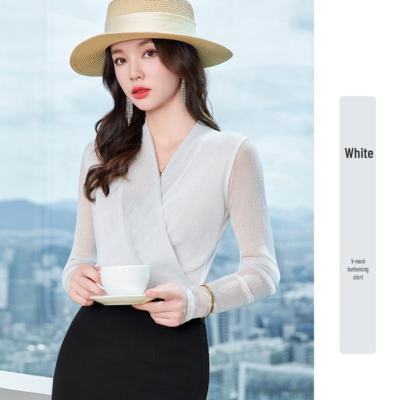 Блузка с V-образным вырезом из люрексовой сетки с длинными рукавами - Женская приталенная модель для весны/осени