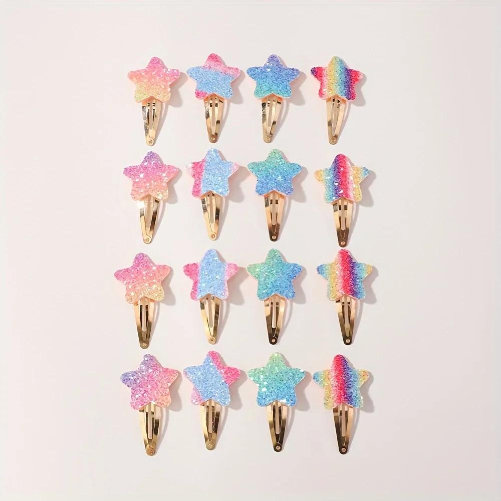 16Pcs Geometric  Hair Clip Glitter DropletColorful Gradient  Girls Children Bangs BB Alloy Hairpins Headclips Hair Accessories