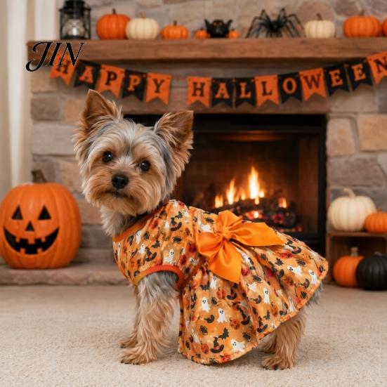 Bat And Spider Dog Dress Halloween Dress, Pumpkin Print Pet Costume with Orange Bow, Bow Cute Outfit for Small Dogs, Trick or Treat Party Gift