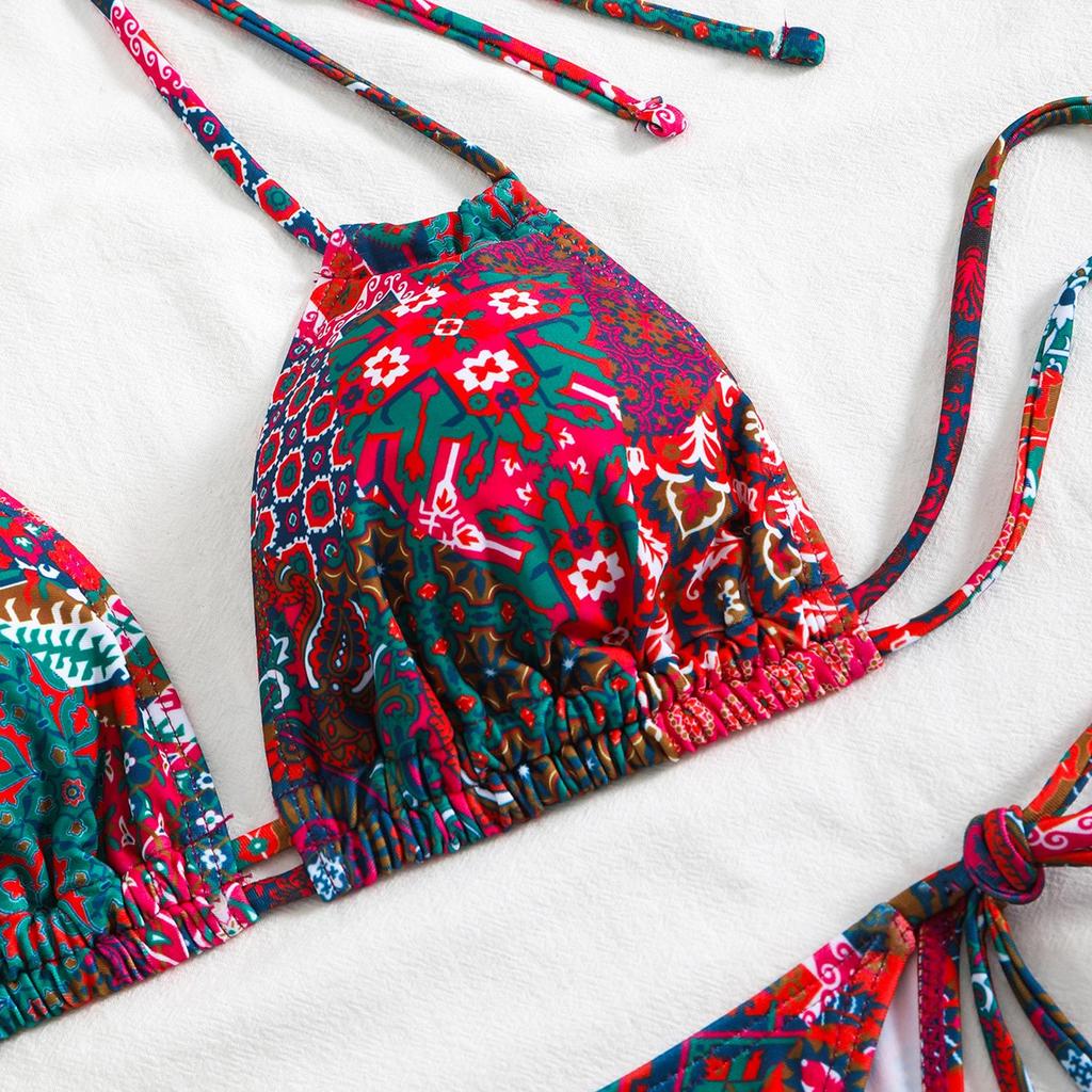 2025 European & American Women's Print Sexy Backless Double Tie Bikini Swimsuit