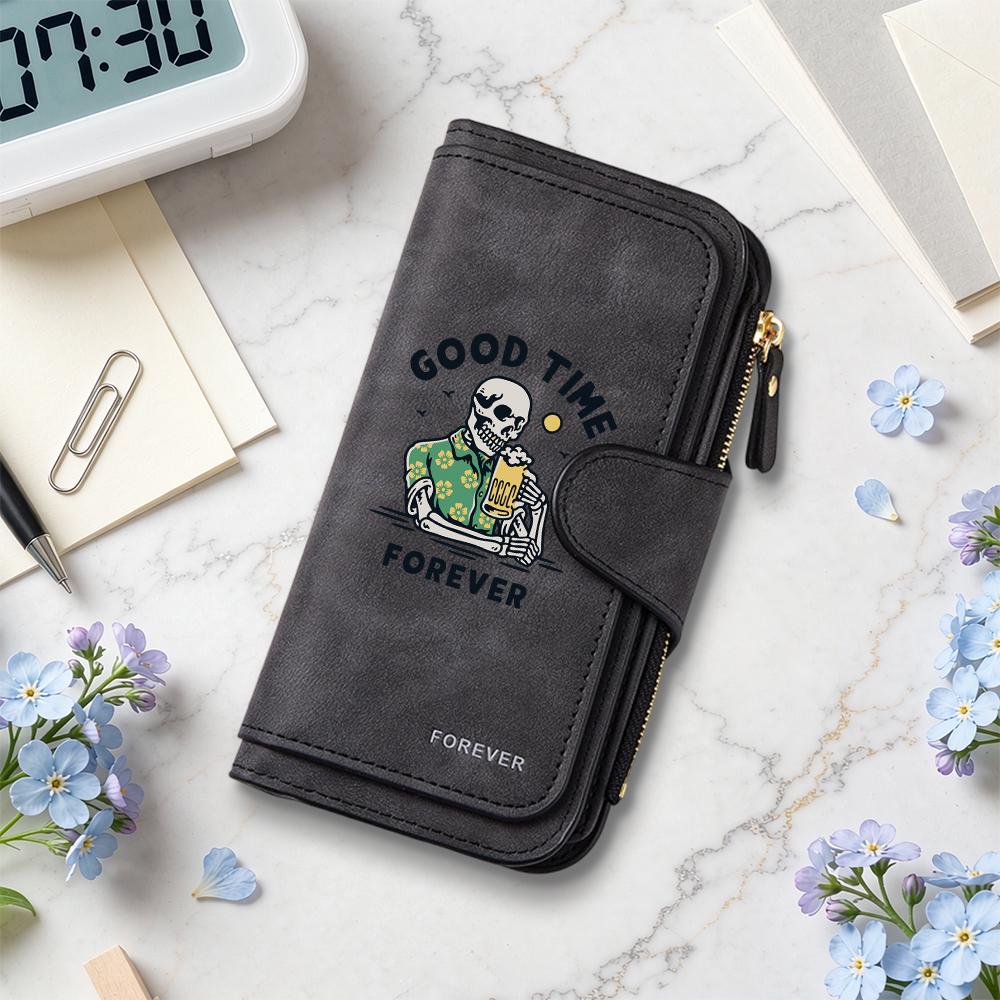 Good Time Forever Skull Printed Long Wallet Large Capacity Card Holder Vintage Purse for Daily Use