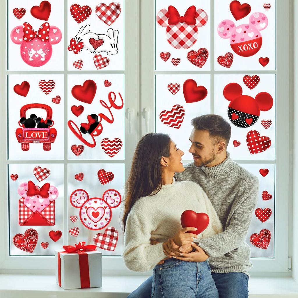 Red and Pink Valentine's Day Mouse Sticker Decals, 77pcs Reble Waterproof PVC Window Decorations for Home Party Supplies
