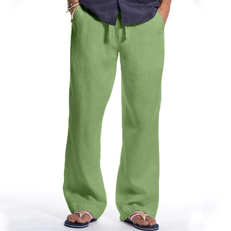 Модные мужские прямые брюки из хлопка и льна, свободные повседневные брюки с завязками на шнурке, дышащие повседневные брюки