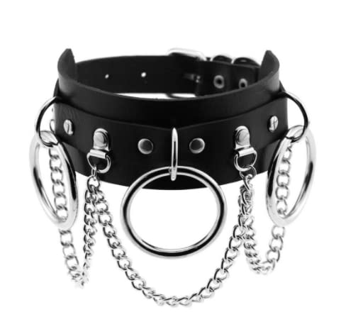 Sakuraneko Choker Leather Collar Ring Chain Punk Cosplay Gothic Adjustable Black Women's Men's