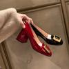 Spring New High-heeled Single Shoes French Round Head Metal Buckle Square Buckle Thick-heeled Single Shoes Women's Professional Commuter Women's Shoes