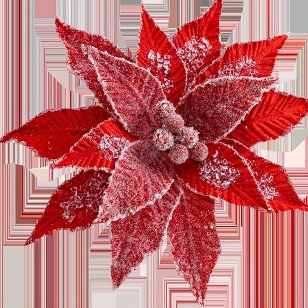 Luxurious Faux Velvet Christmas Flower Elegant Realistic Xmas Tree Ornaments with Ice Crystal Handmade Eternal Flower Home Decor