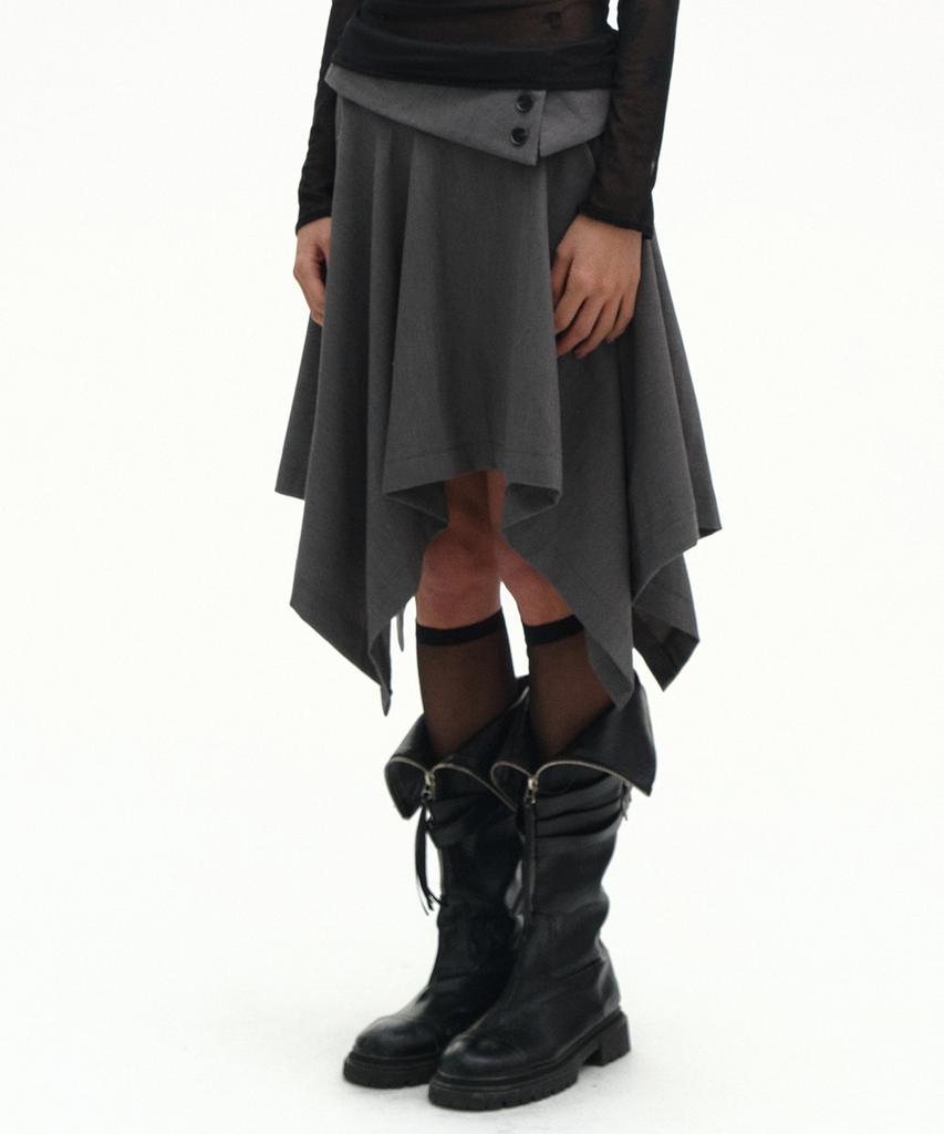 Place Studio Double Button Drape Layered Midi Asymmetrical Flare Skirt _2 Colors