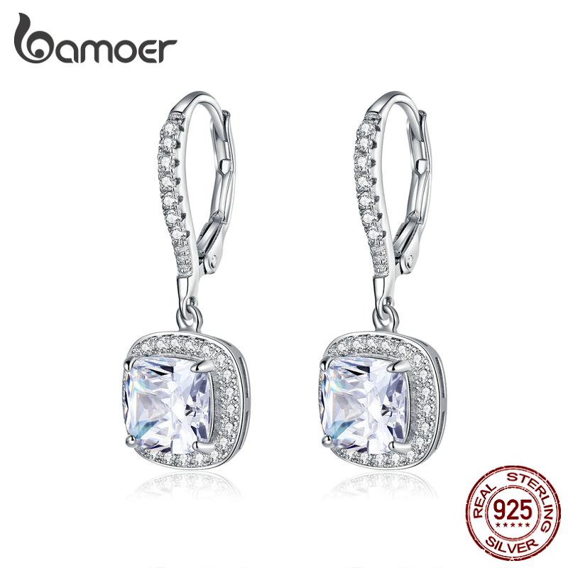 BAMOER Authentic 925 Sterling Silver Dazzling CZ Square Geometric Drop Earrings for Women 14K Gold Plated Wedding Jewelry SCE520
