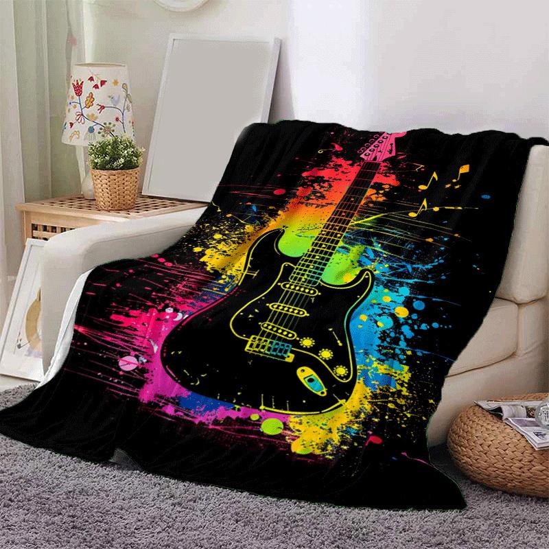 1pc Guitar Printing Lightweight Flannel Blanket, Comfortable and Warm Blanket, Sofa Bed and Couch Office, Suitable for Gift Blankets