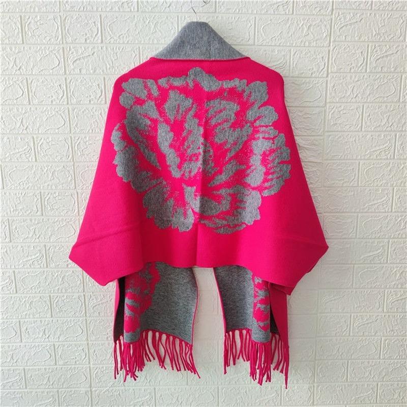 Женское пончо 2022, осенне-зимний шарф из искусственного кашемира с пионом и бахромой, двусторонняя теплая накидка с длинными рукавами, женский топ