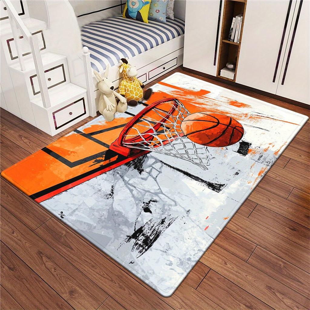Modern Basketball and Hoop Sports Area Rug, Soft Non-Slip Indoor Outdoor Floor Mat for Living Room and Game Room