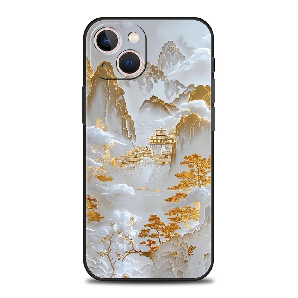 Мягкий ТПУ чехол для телефона iPhone 16/15/14/13/12/Pro/Max/16E/11/Pro/7/8/Plus/XS/Max, ударопрочный, в китайском стиле, с рисунком пейзажа