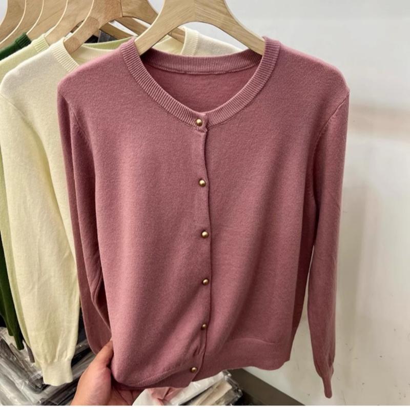Винтажный круглый вырез свободный длинный рукав вязаный свитер кардиган женские топы осенняя мода верхняя одежда повседневные кардиганы женский однотонный трикотаж куртка 24859