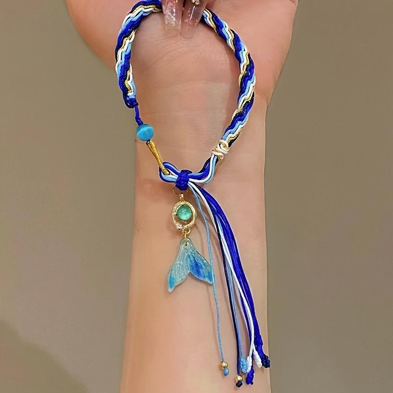 Синий плетеный веревочный браслет «рыбий хвост», модный кулон «рыбий хвост», браслет с кисточками, женственный темперамент, регулируемый подарок на вечеринку