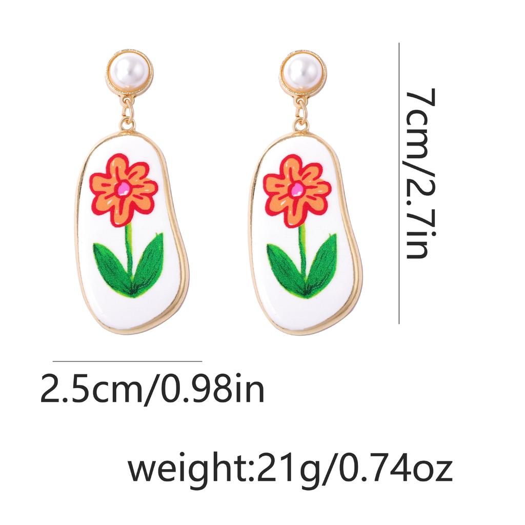 Simple, Fashionable, Fresh and Sweet Alloy Printed Flower Imitation Pearl Pendant Geometric Earrings, Versatile for Commuters