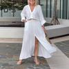 Women Dress Three Quarter Sleeves V Neck Pure Color Slit Hem Loose Maxi Dress Slim Waist Casual Dating Dress Summer Beach Party Wear Dress