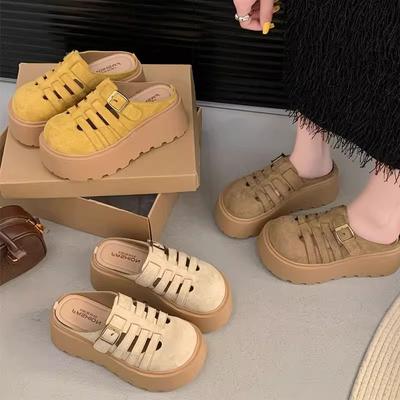 Полутапочки с толстой подошвой и закрытым носком, женская уличная обувь, новые летние полые дышащие сандалии, универсальная обувь на платформе, увеличивающая рост