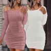 Women Dress Knitted One Shoulder Elastic Neck Solid Color Tight Waist Anti-shrink Long Sleeve Mini Sheath Dress Party