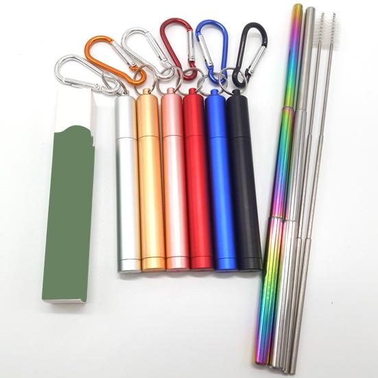 1 комплект многоразовых телескопических соломинок, портативный, из нержавеющей стали, с футляром для переноски, экологически чистый, легко чистится, соломинка