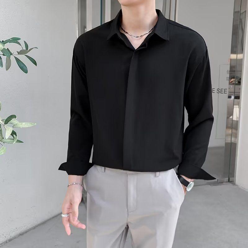 Korean Long Sleeve Shirt Men Fashion Loose Business Casual White Shirt Men's Button Design Top Large Comfortable Shirt