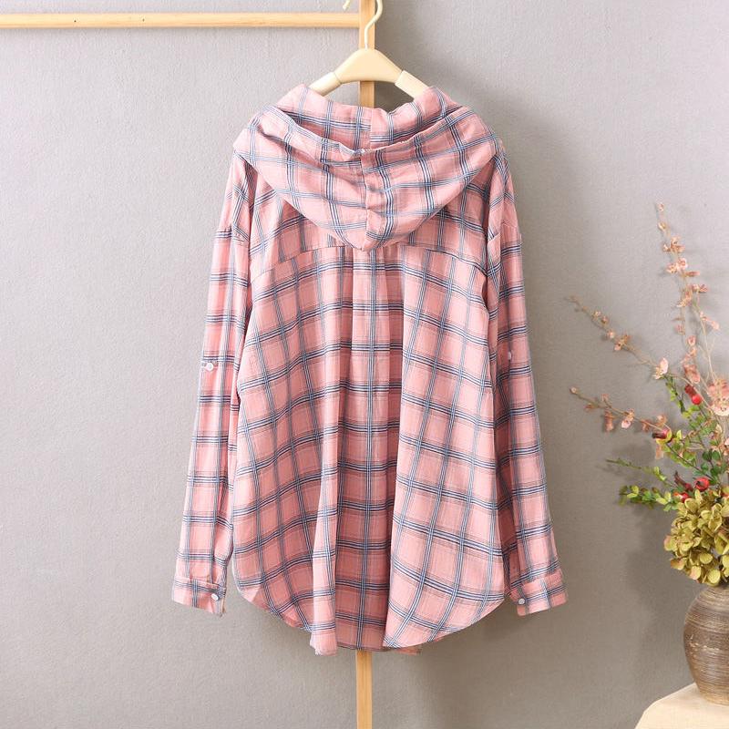 Рубашка для защиты от солнца, женская клетчатая рубашка с капюшоном и длинными рукавами, свободный топ, одежда для защиты от солнца, тонкое пальто, кардиган