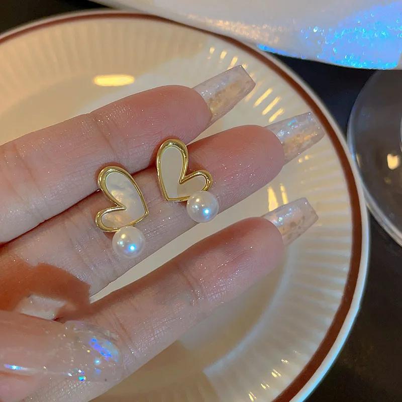 LATS New French Elegant Gold Color Bean Spliced Flat Pearl Earrings for Korean Fashion Zircon Party Women's Sweet Accessories