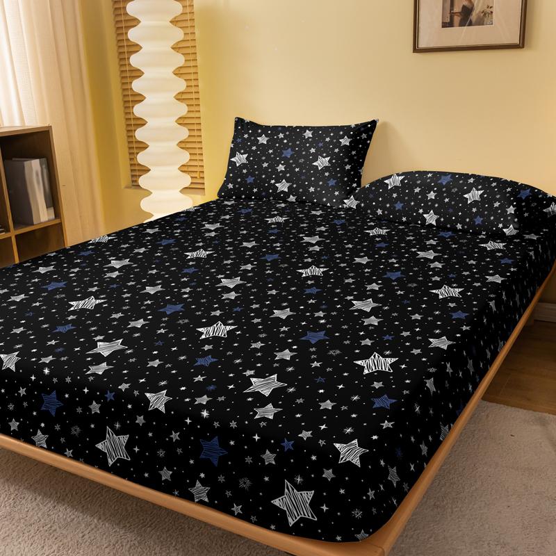 1 Simple Modern Stars Printed Matte Fitted Sheet, Bedroom Printed Bed Cover, Bedding (Excluding Pillowcases)