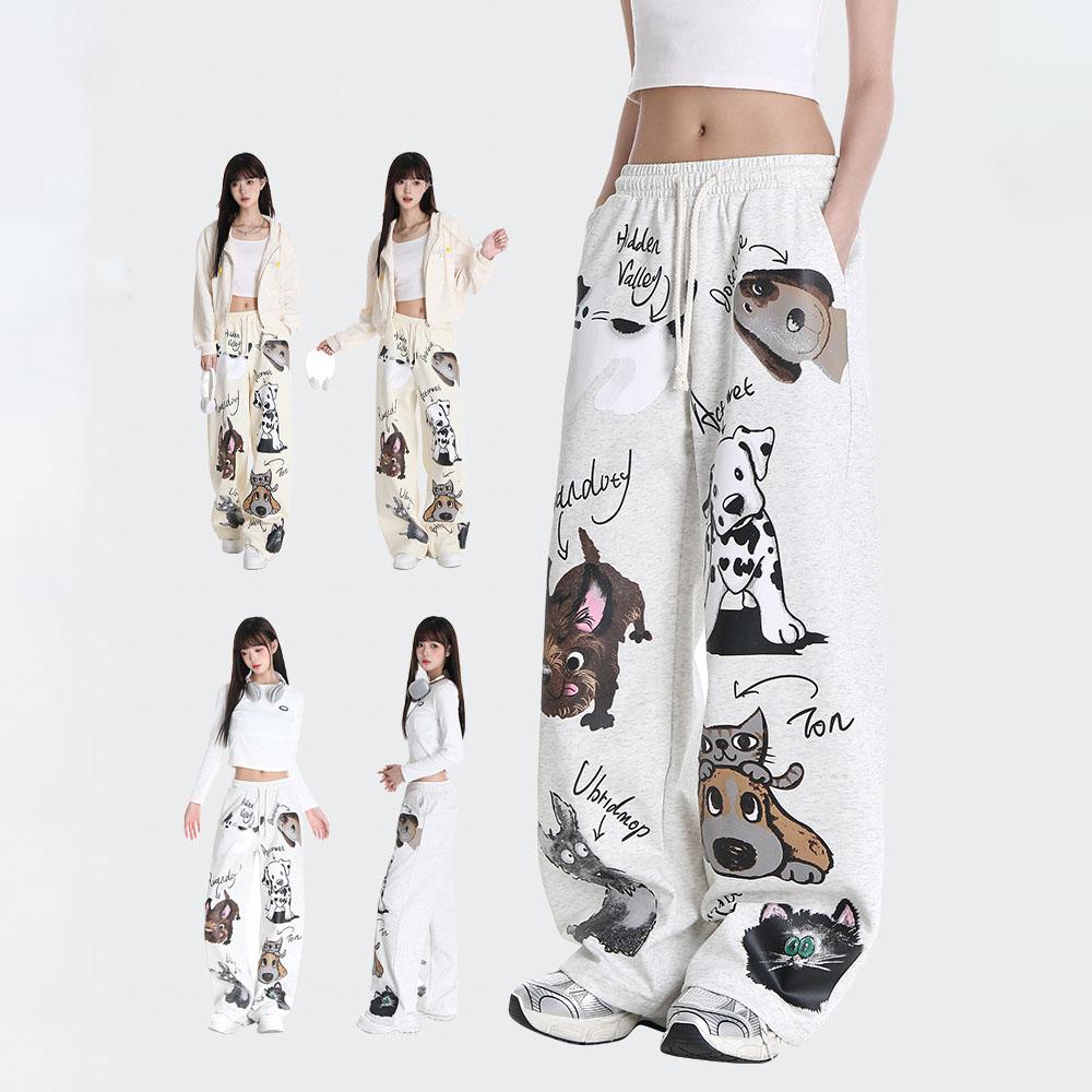 Loose Fitting Casual Pants Fashionable Cartoon Dog and Cat Graffiti Pattern Leggings