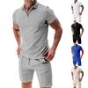 Summer Autumn Men's Polo Neck Waffle Shorts Suit Casual T Shirt Sports Short Sleeve Two-piece Set Trendy Brand