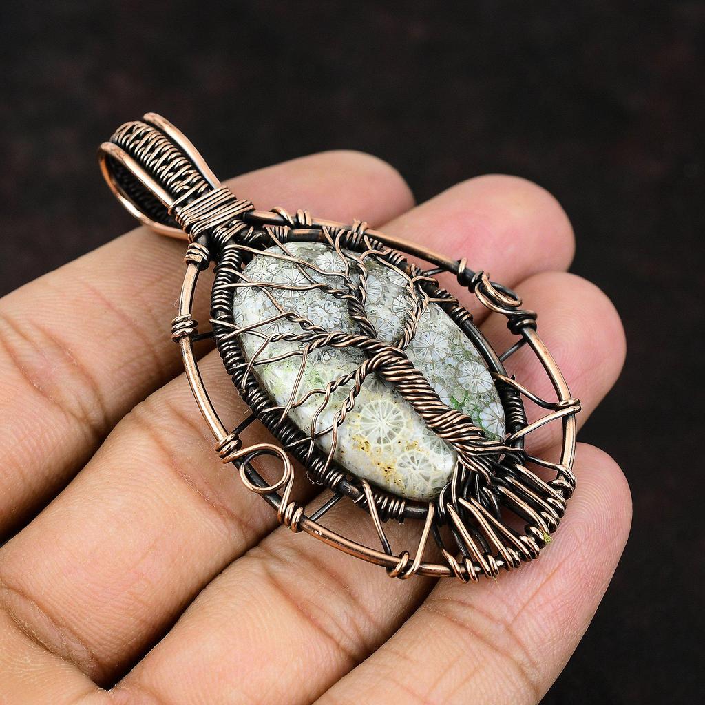 Древо жизни ископаемый коралловый драгоценный камень кулон медная проволока обернутый кулон ручная работа медные украшения подарок для нее ископаемый коралловый драгоценности для женщин