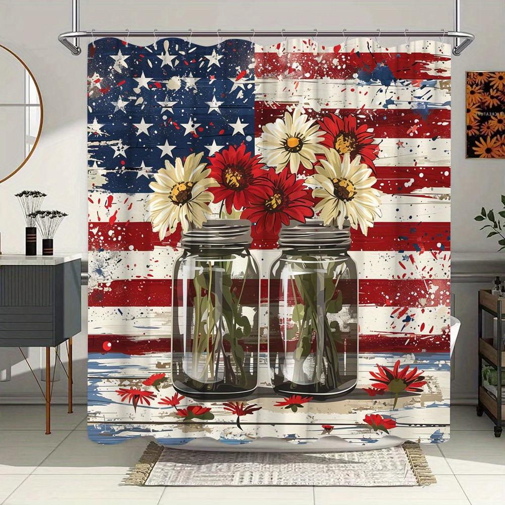 Деревенская американская флаг-шторка для душа - Винтажный патриотический дизайн, Красные и белые ромашки в банках, Потертый фон, 12 крючков