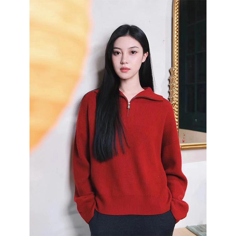 2025 Red Wool Zip-Up Collar Knit Pullover for Women - New Year Collection