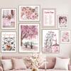 Pink Sakura Rose Peony Paris Fresh Flower Landscape Posters Prints Canvas Painting Wall Art Pictures For Living Room Home Decor