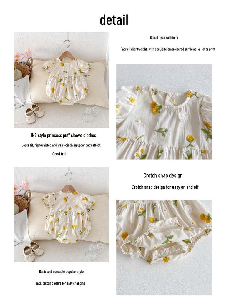 Ромпер для новорожденной девочки с вышивкой подсолнуха и рукавами-буфами - Летний боди