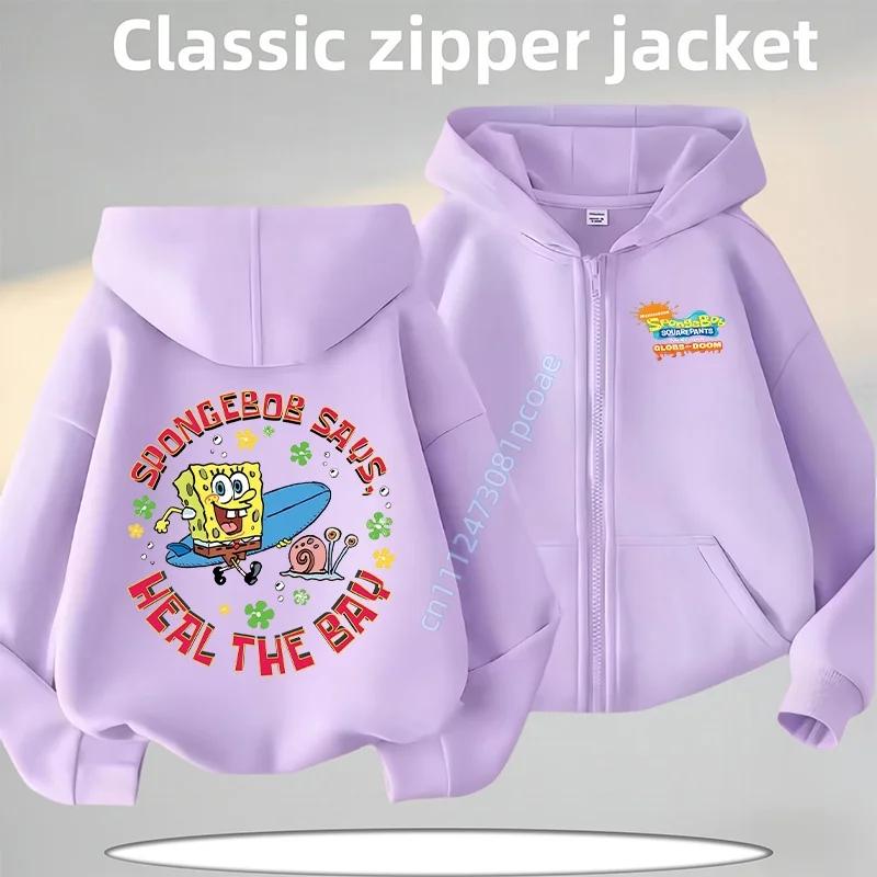 2026 New SpongeBob Cartoon Print New Style Children's Zippered Hooded Sweatshirt Casual Jacket Autumn/Winter Coat Polo Shirt