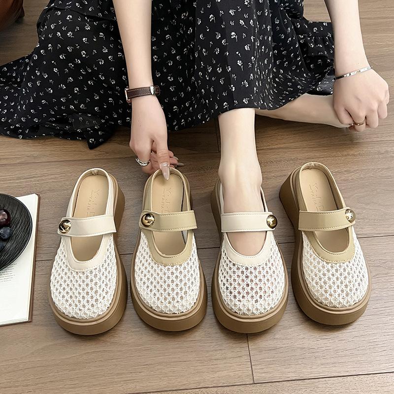 Hollow fishing net crocheted word belt Mary Jane single shoes women's summer 2025 new round head flat ballet shoes