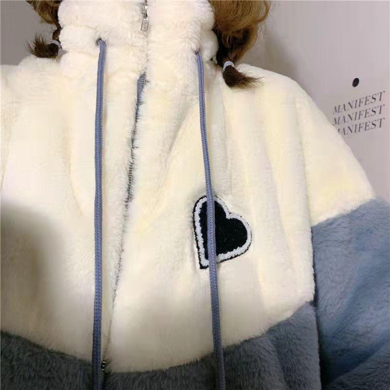 Зимние женские толстовки с капюшоном из бархата в стиле пэчворк на молнии с длинными рукавами из овечьей шерсти, флисовые пальто большого размера, повседневная корейская теплая белая толстовка