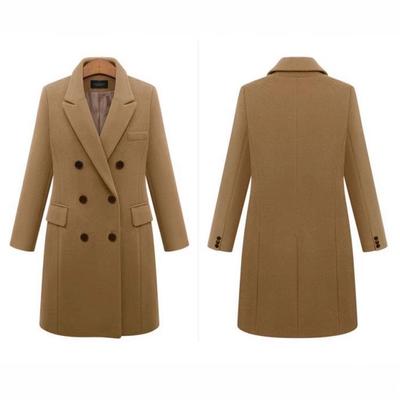 Женское двубортное пальто средней длины из смесовой шерсти большого размера