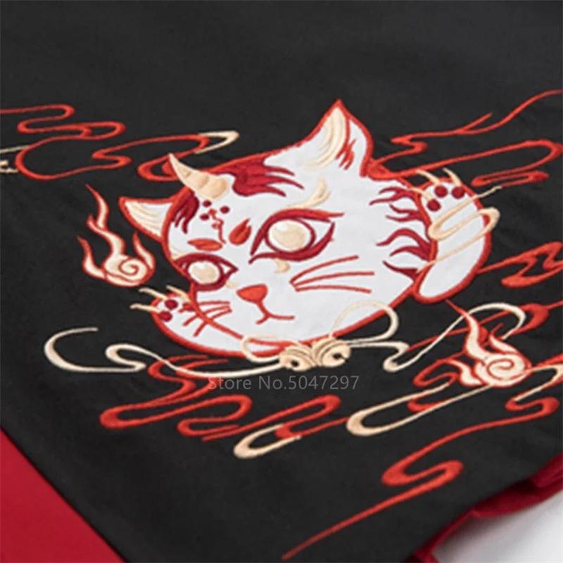 Японское платье кимоно женское черное белое вышитое платье с изображением кота юбки винтажная одежда юката хаори косплей вечеринка комплект из 2 предметов