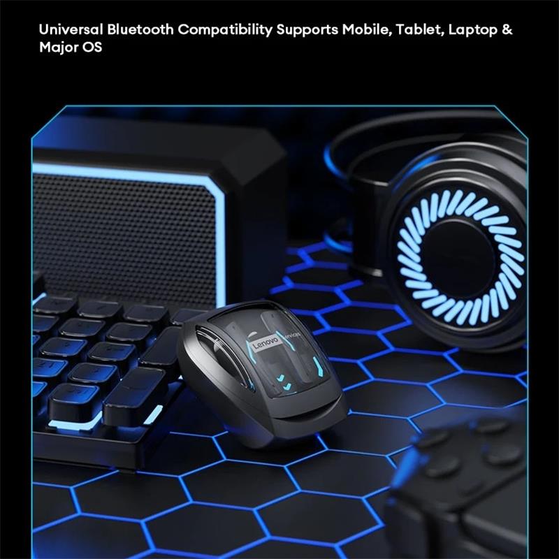 Lenovo Беспроводные игровые наушники GT100 – Bluetooth 6.0, сверхнизкая задержка 38 мс, четырехмикрофонная система с шумоподавлением на основе ИИ, кейс с RGB-подсветкой, 23 часа работы