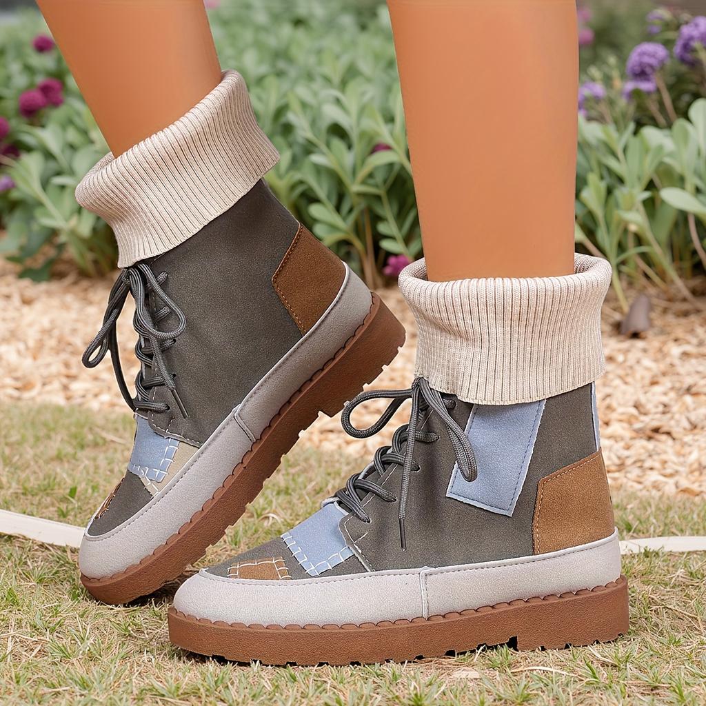 Beige & Blue Plaid Chunky Low Heel Lace-Up Ankle To Mid-Calf Booties - Round Toe Casual Winter with Sole & Fabric Upper